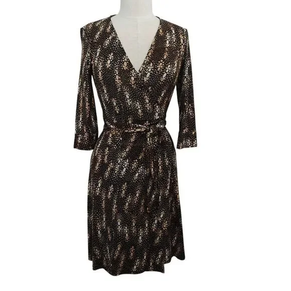Diane Von Furstenberg Julian Silk Wrap Dress Size 2 Black Tan Lizard Stretch - Picture 2 of 10